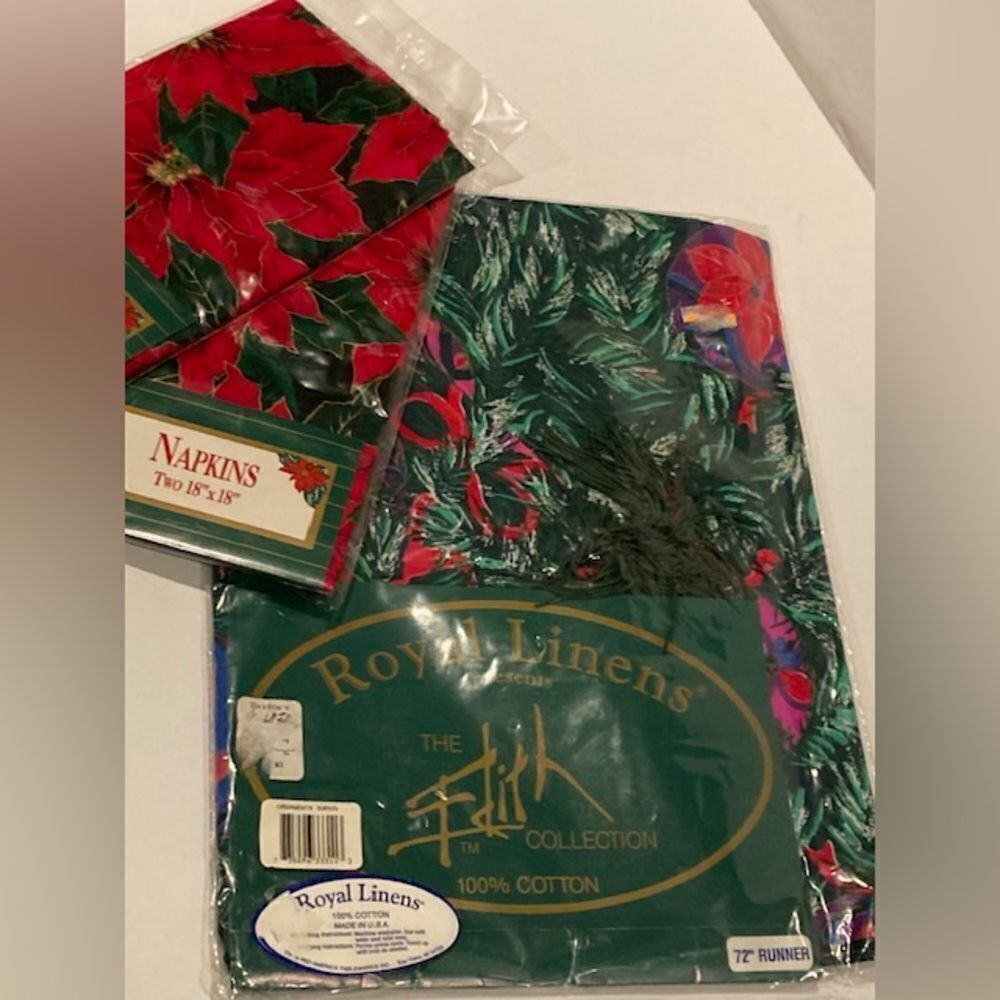 Royal Linens 72” Floral Table Runner & 2 Poinsettia Floral Napkin Packs - NEW